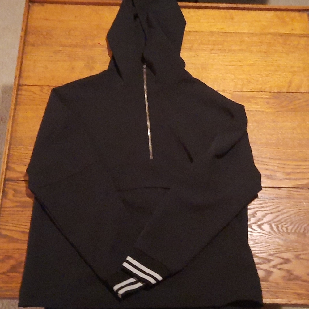 Black quarter zip up hoodie with striped elastic sleeves